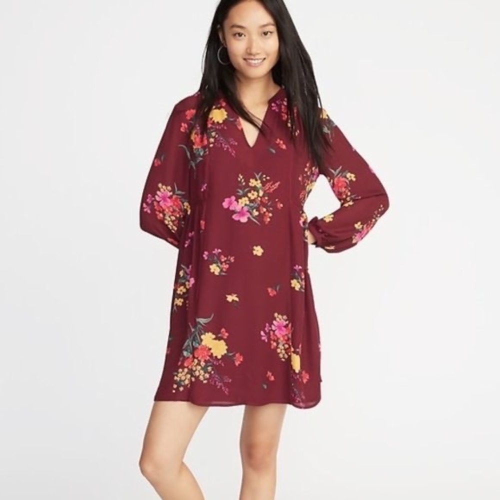 Old Navy Womens XL Burgundy Floral Long Sleeve V-Neck Shift Dress Lined Mini